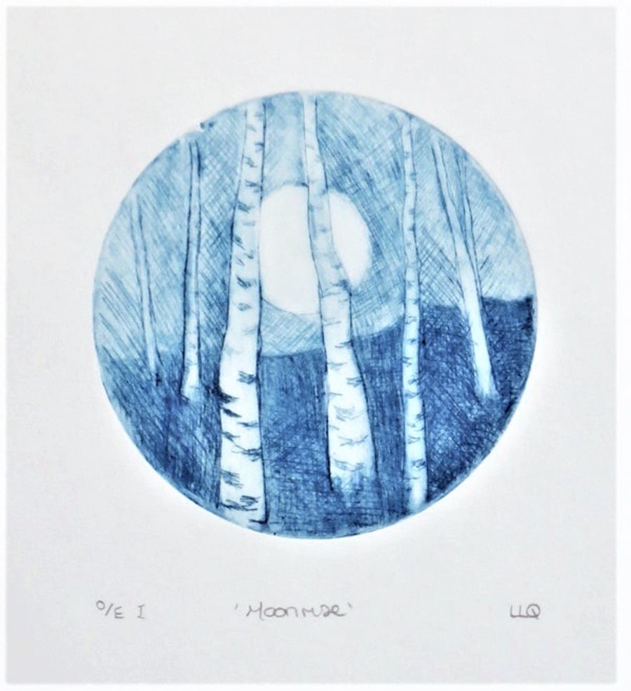 Moonrise, original drypoint print of the moon between birch trees in the forest