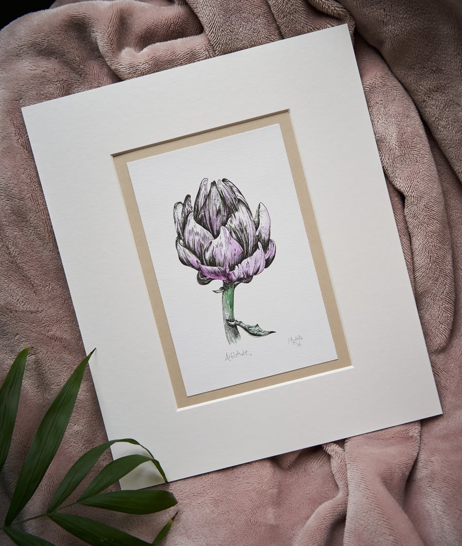"Artichoke" - original piece, hand-drawn & painted, mounted ready for framing
