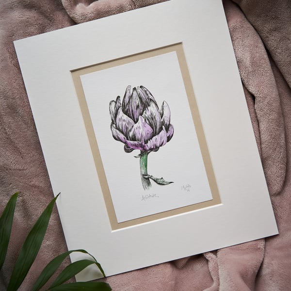 "Artichoke" - original piece, hand-drawn & painted, mounted ready for framing