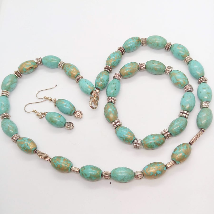 Turquoise & Silver Spacer Beaded Jewellery Set, Semi Precious Jewellery Set