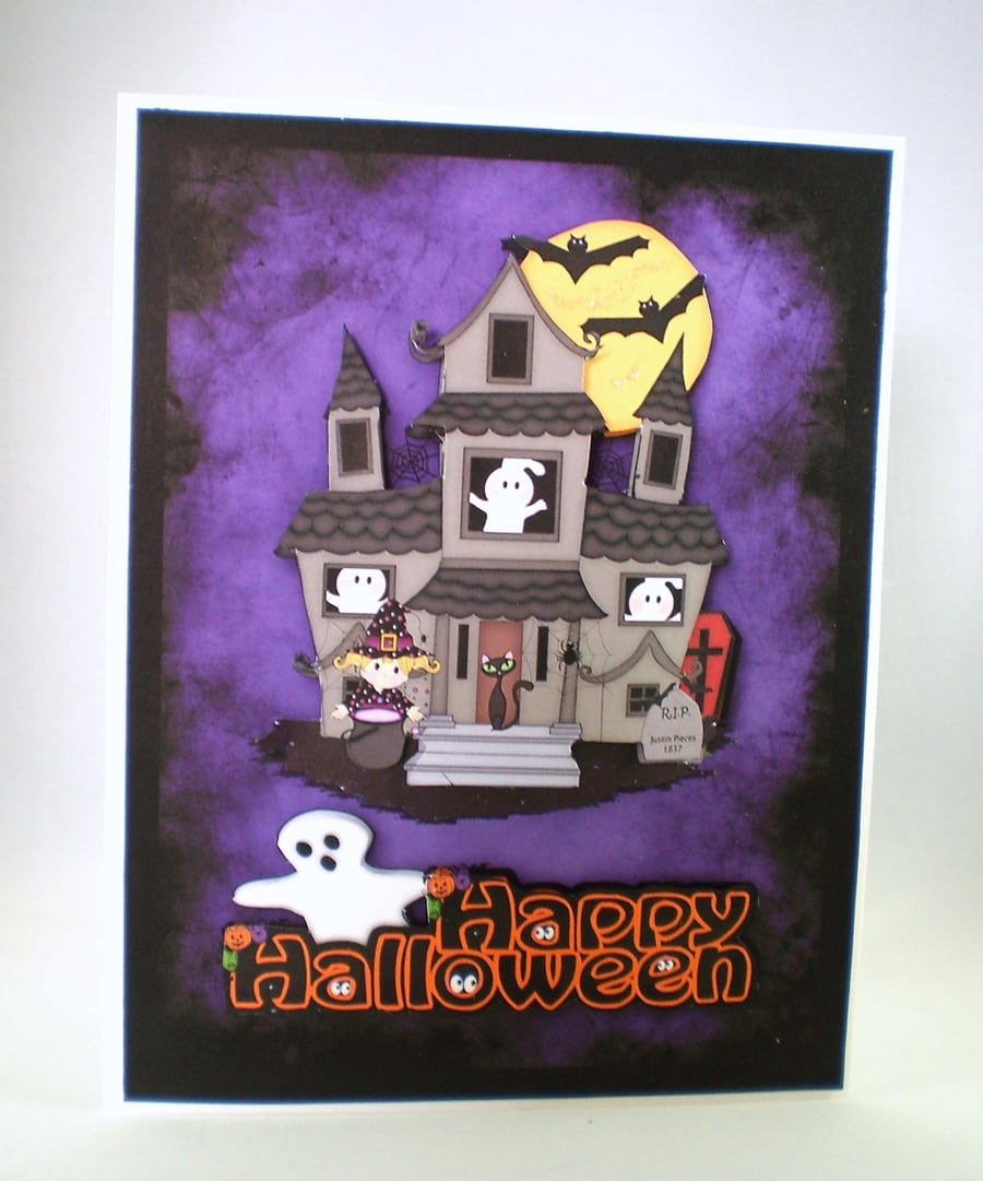 Handmade Halloween Greeting Card,ghosts, witch, cauldron, bats ,haunted house