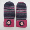 Mittens Created from Recycled Wool Jumpers. Fully Lined. Fair Isle. Pink Cuff