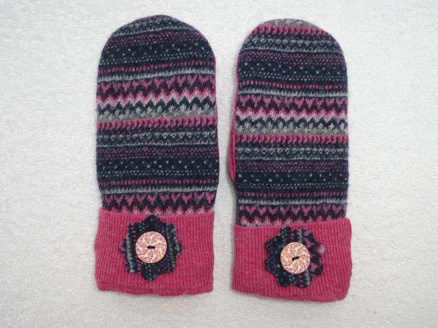 Mittens Created from Recycled Wool Jumpers. Fully Lined. Fair Isle. Pink Cuff