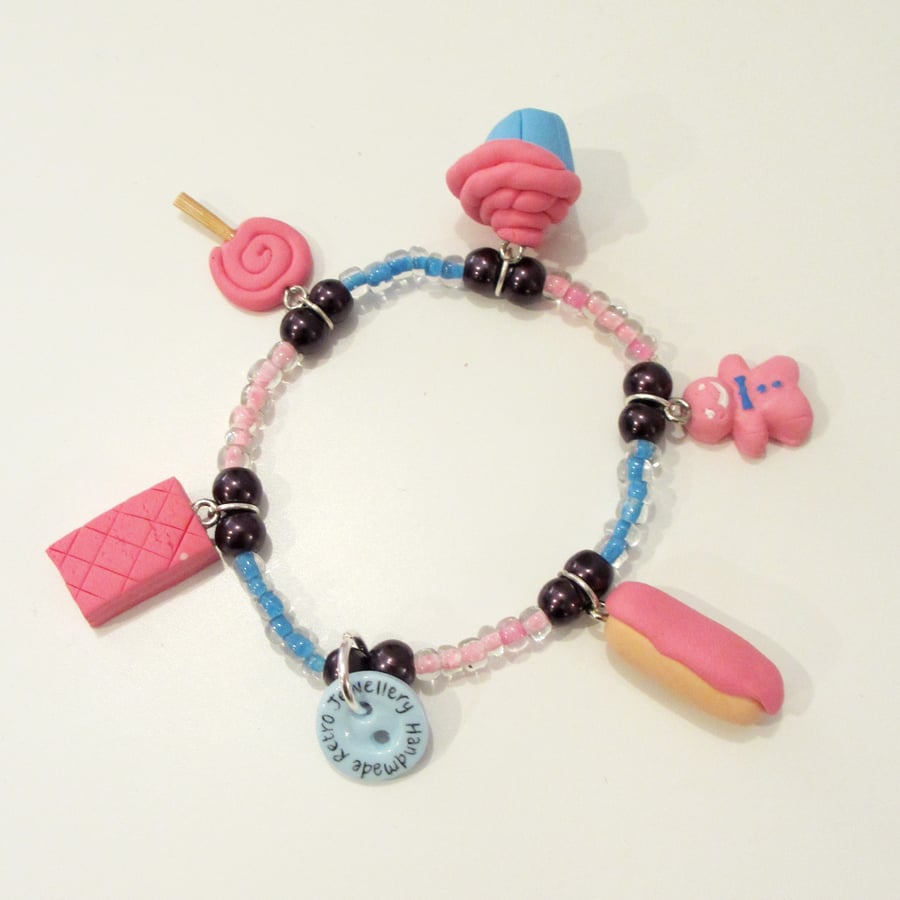 SALE 00 - Retro blue and pink beaded mixed charm bracelet Quirky, handmade