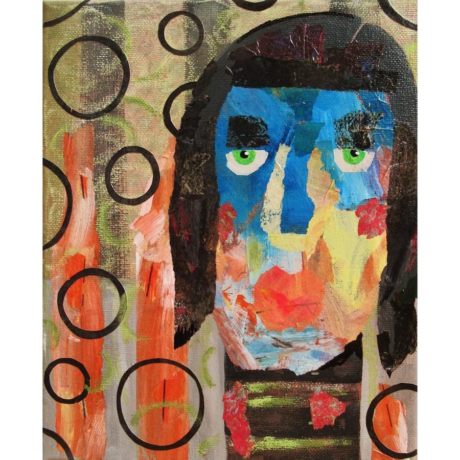 Outsider Art Brut Print Blue Orange Face Portrait Quirky Alternative People 