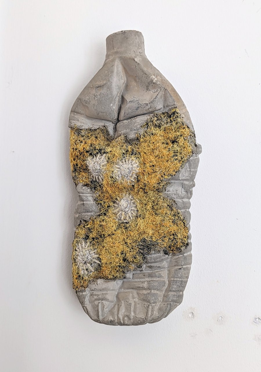 Message in a Bottle - sculpture from recycled materials (medium vertical yellow)