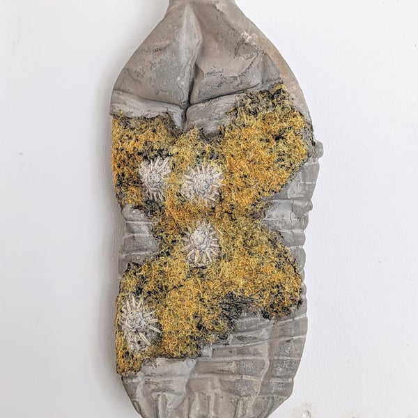 Message in a Bottle - sculpture from recycled materials (medium vertical yellow)