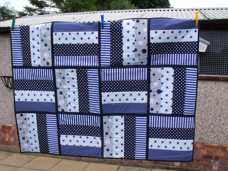 navy blue quilted patchwork cot throw, nursery bedding or play mat