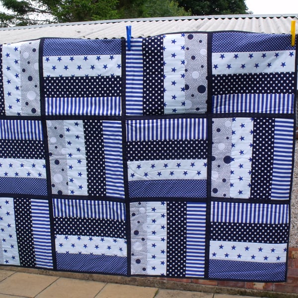 navy blue quilted patchwork cot throw, nursery bedding or play mat