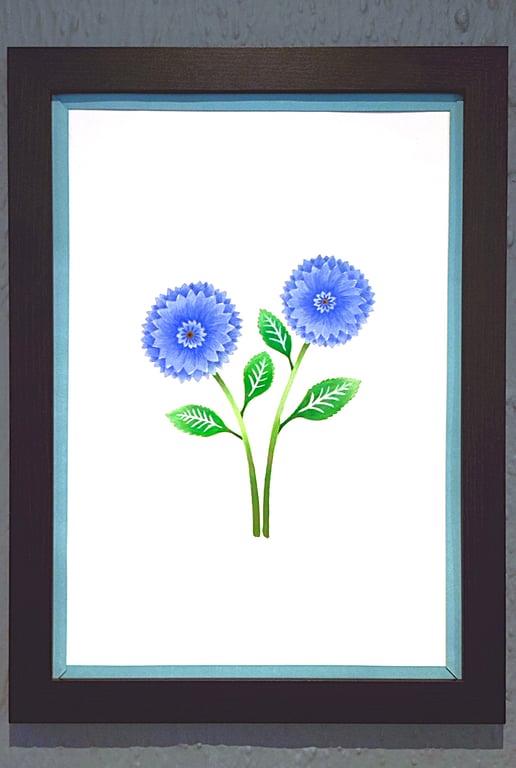Genuine Made in UK Framed A3 Print Blue Dahlia Vibrant Light Blue Border Wallart