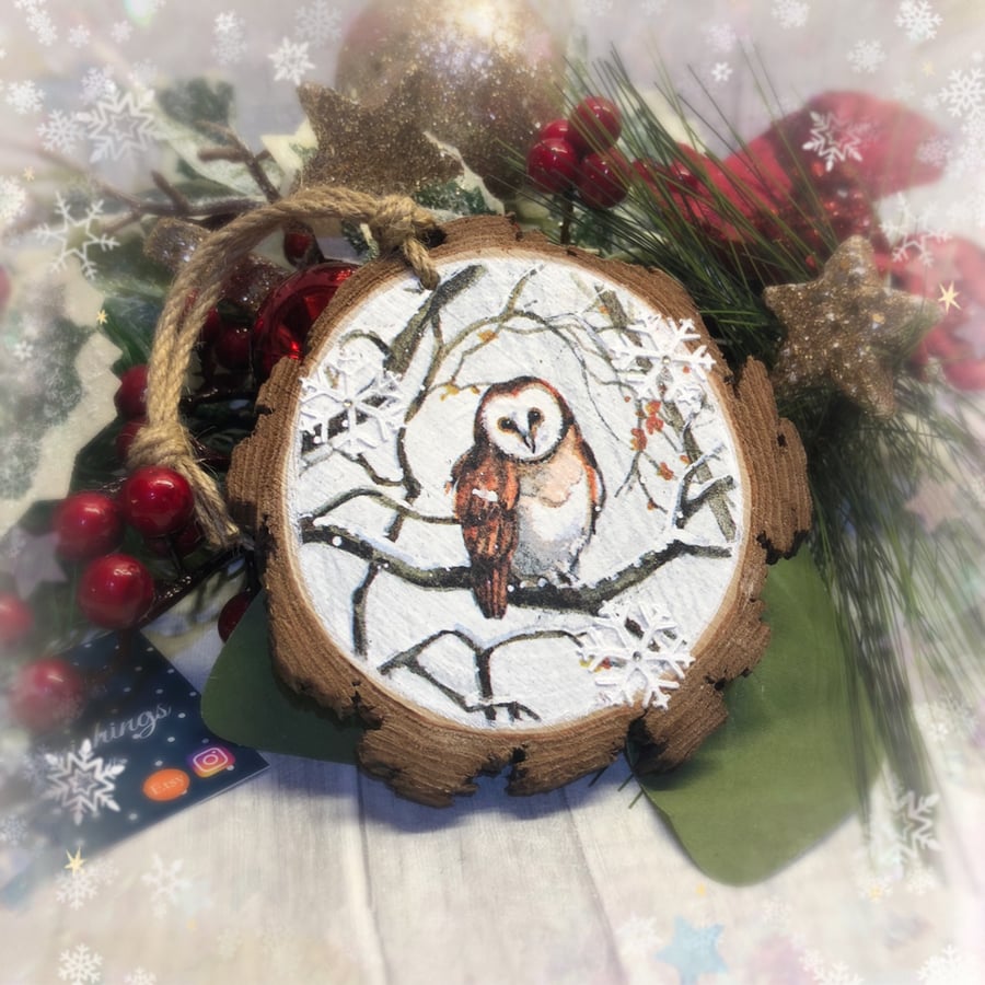 Christmas Owl rustic log slice Christmas tree decoration