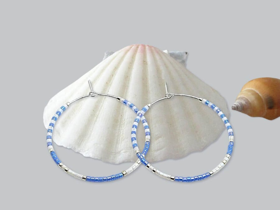 Nautical Blue & White Minimalist Seed Bead Hoop Earrings - Choose Size & Colours