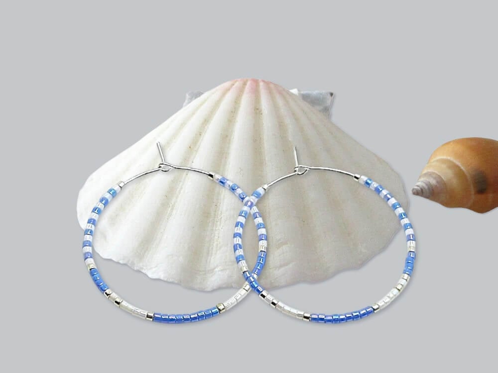 Nautical Blue & White Minimalist Seed Bead Hoop Earrings - Choose Size & Colours