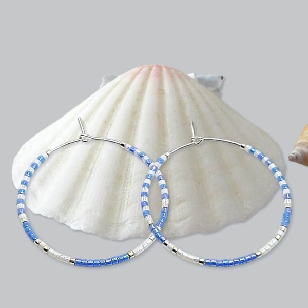 Nautical Blue & White Minimalist Seed Bead Hoop Earrings - Choose Size & Colours