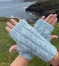 Hand knitted fingerless gloves in cable knit pattern   PALE BLUE  - Image 2