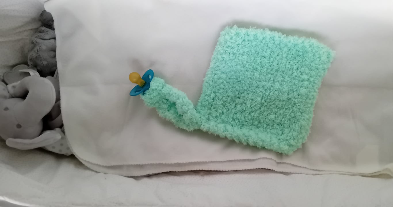 Cosy and Soft, Hand Knitted Baby Dummy Square Comforter,