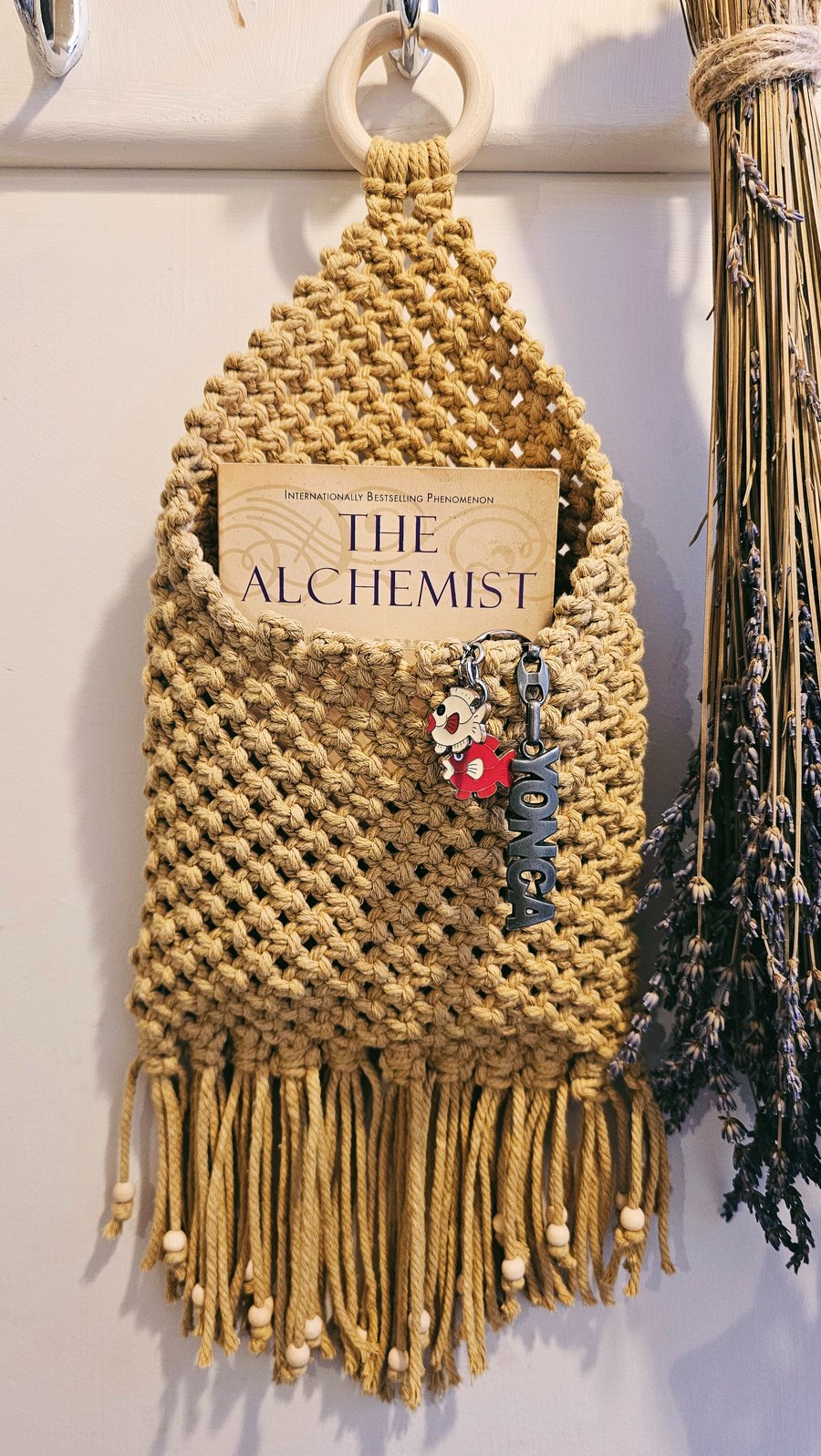 Boho Macramé Pocket Wall Organizer – Coffee Color with Wooden Bead Detail