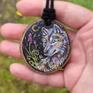 Hand Painted Wolf Wood Slice Pendant, Rustic Wildlife Necklace, Miniature Animal