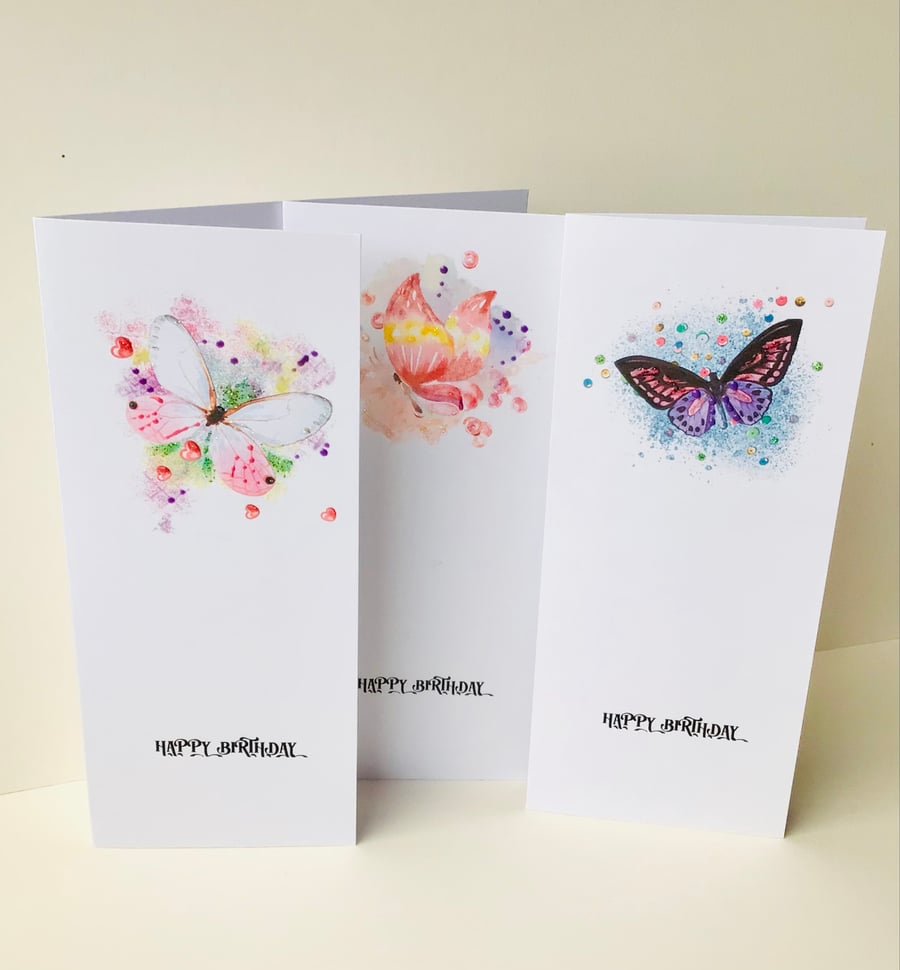 Birthday Card 3pk, Butterfly Design,Card Pack,Handmade and Handfinished 