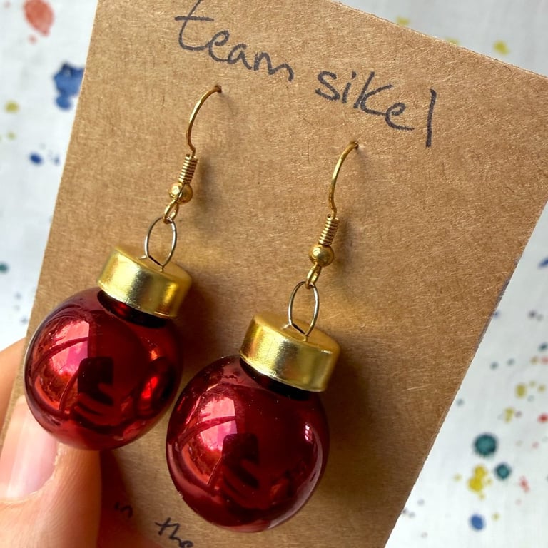 Dark Red Mini Shiny Glass Bauble Earrings - Festive Jewellery - Super Seconds