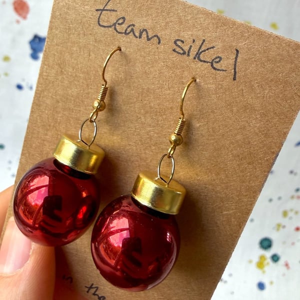 Dark Red Mini Shiny Glass Bauble Earrings - Festive Jewellery - Super Seconds
