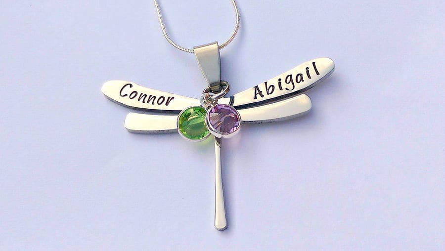 Hand Stamped personalised dragonfly name necklace
