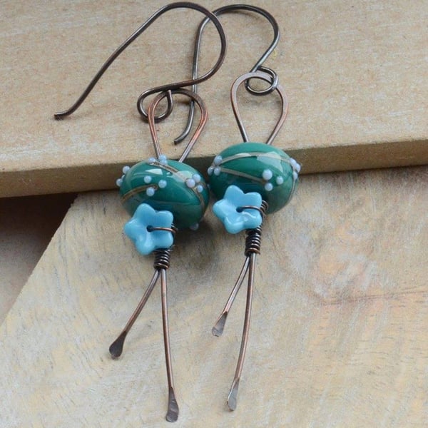 Handmade Copper & Teal Green Blue Lampwork Glass Bead Earrings