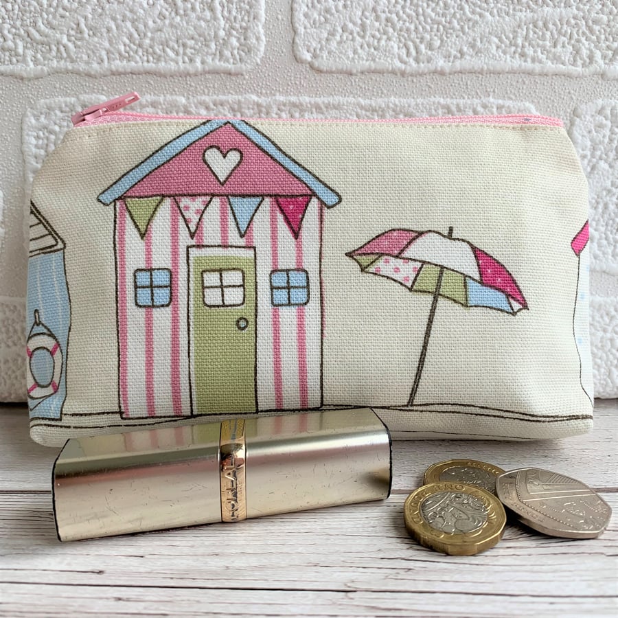 Large purse, coin purse with pastel beach hut and parasol