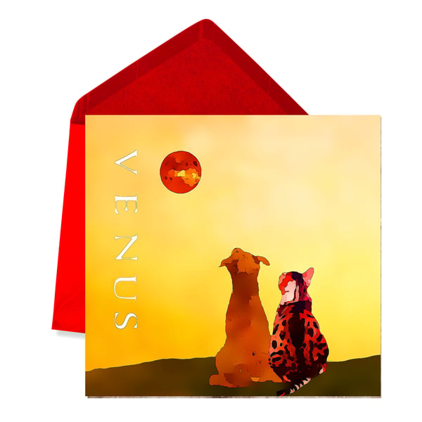 Dog and Cat Looking Towards Venus (The Planet of Love) Valentine's Day Card, 