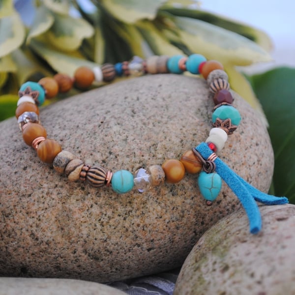 Picture jasper & turquoise suede bracelet with heart charm
