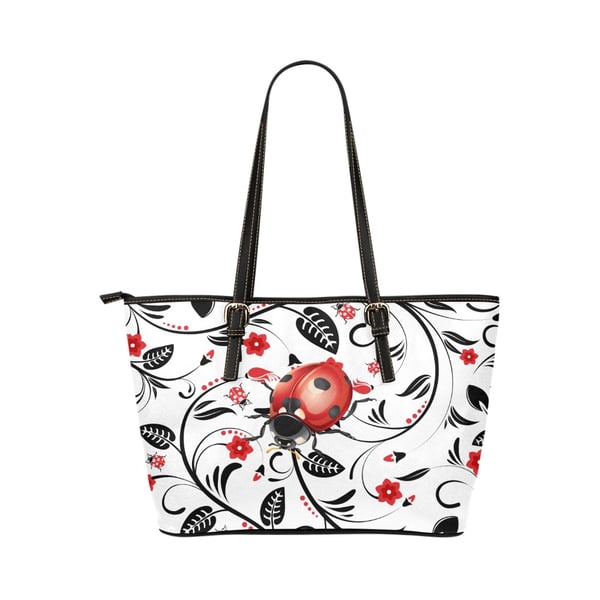 Ladybug Floral Inspired PU Leather Tote Bag.
