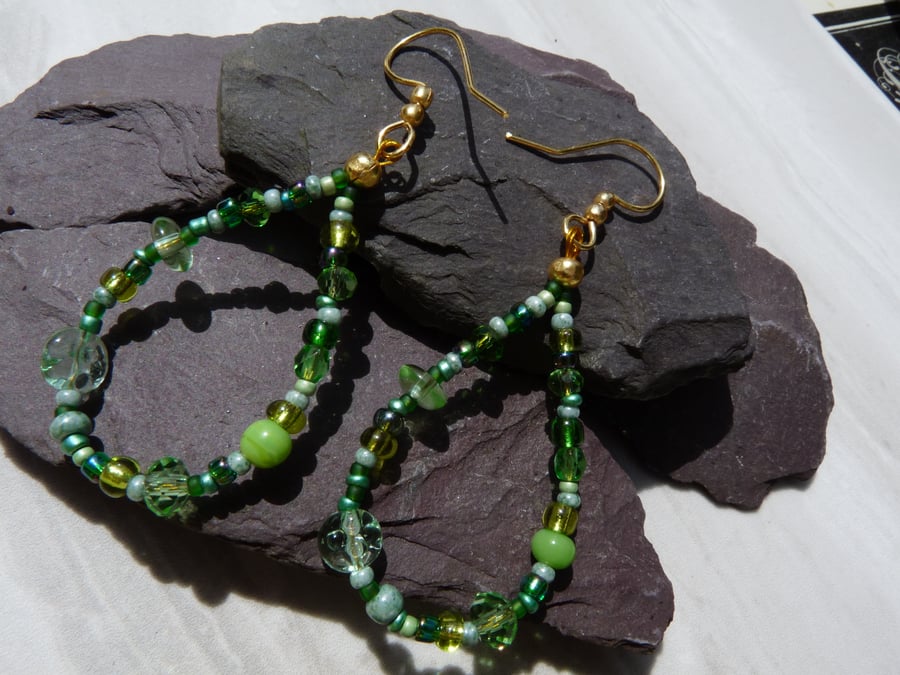 Green Beaded Hoop Earrings, Boho Festival Earrings
