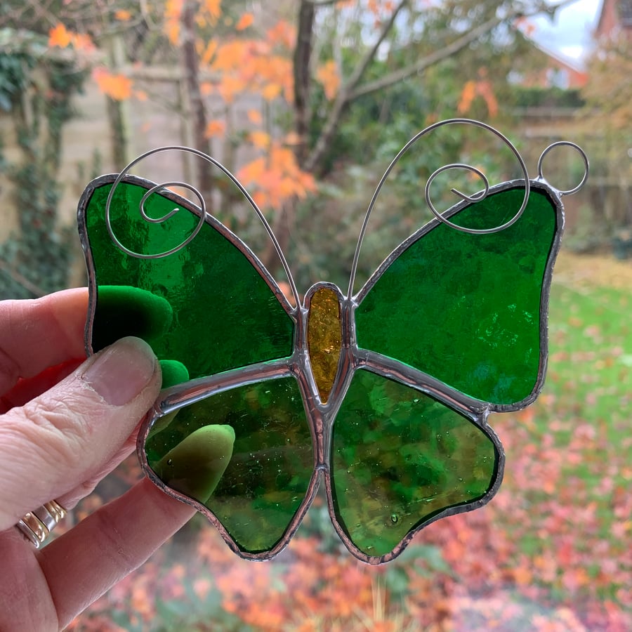 Stained Glass Butterfly Suncatcher - Handmade Decoration - Green