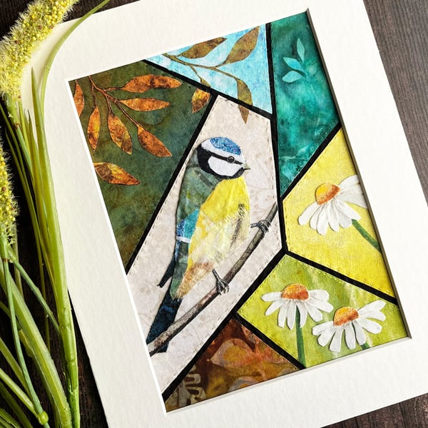 Blue tit and daisies mixed media collage, textile artwork, gift for bird lover