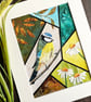 Blue tit and daisies mixed media collage, textile artwork, gift for bird lover