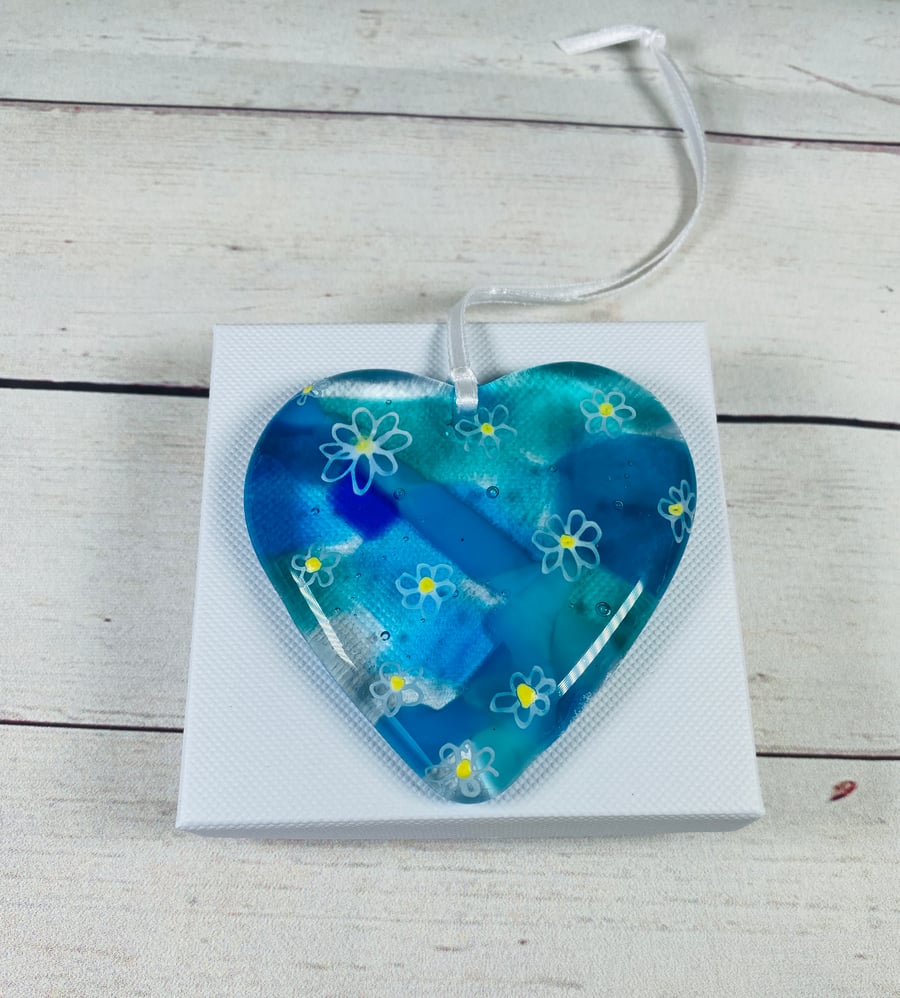 Blue  fused glass heart with  flowers 
