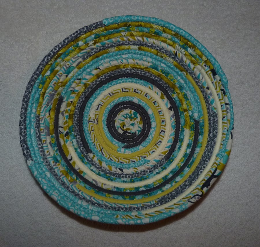 Fabric Coil Basket in Green Grey  and Turquoise Colours.