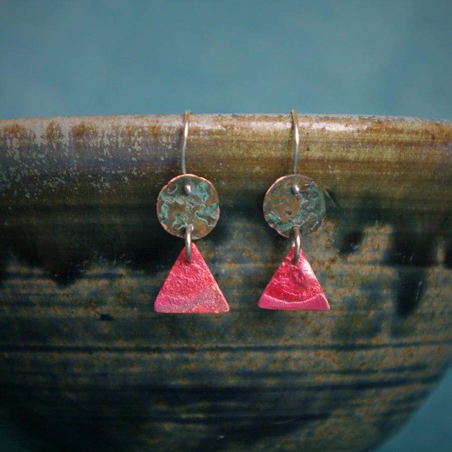 Geometric Red and  Verdigris Dangle Earrings 