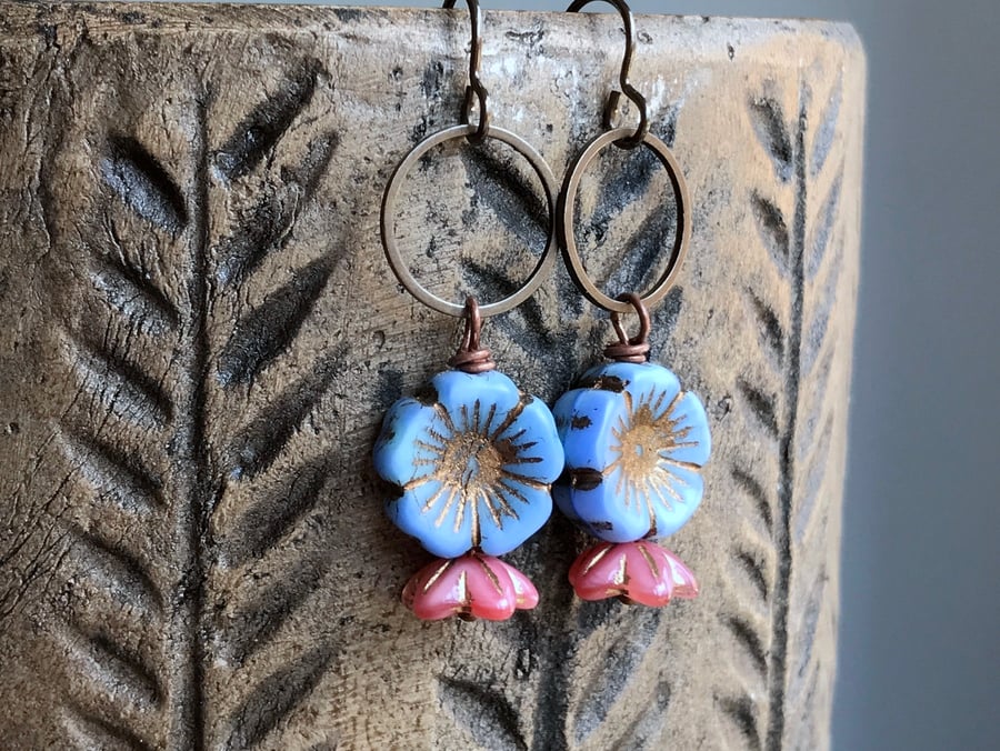 Pink & Blue Czech Glass Flower Earrings. Sky Blue Earrings. Floral Earrings