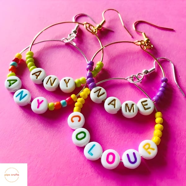 Personalised Name Bead Hoop Earrings, Colourful & Quirky Handmade Jewellery