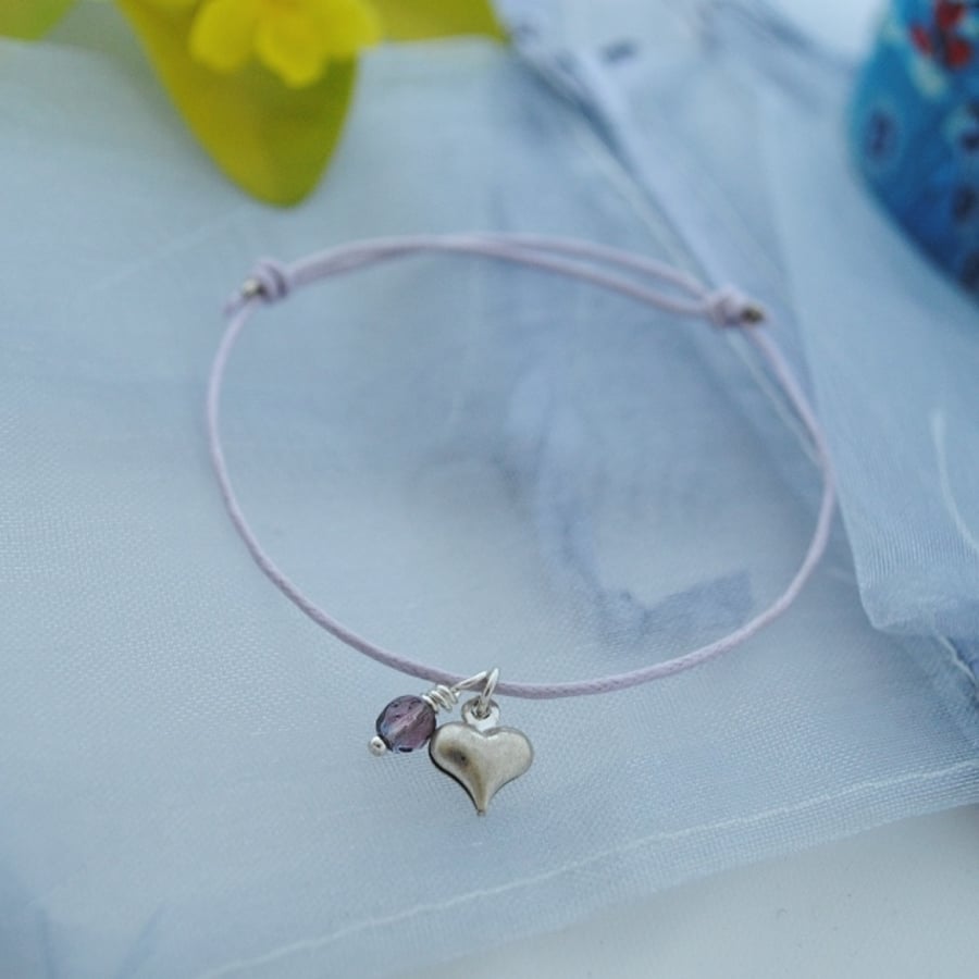 Friendship Bracelet-lilac cord with silver heart
