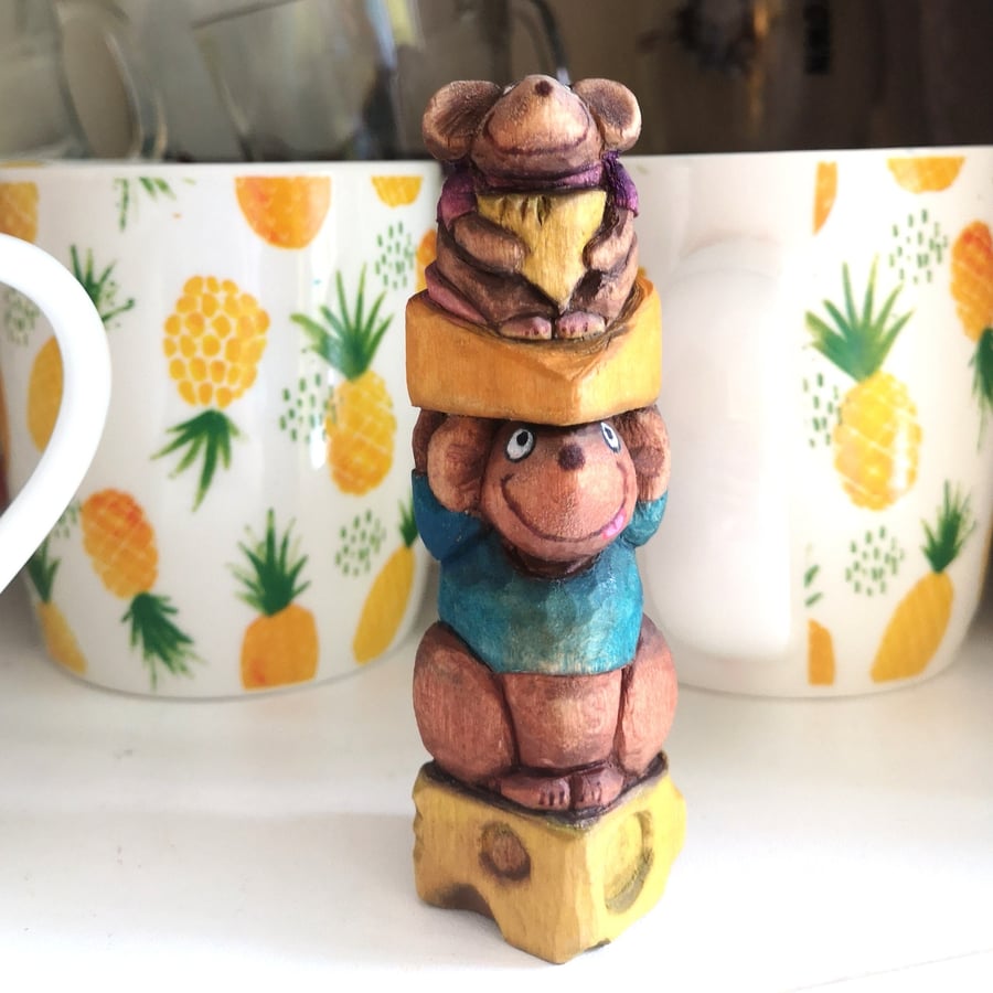 Hand carved and painted wooden mice 'Cheddar and Chutney the cheese thieves'.