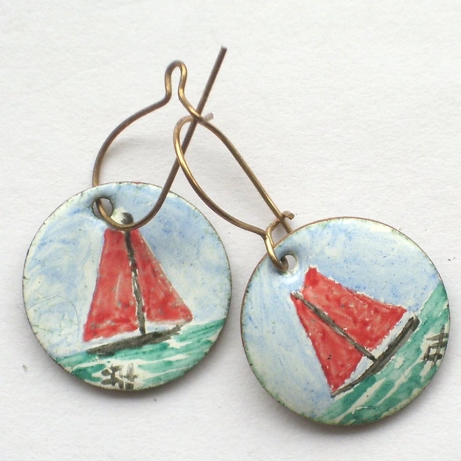 earrings - painted enamel: red sails boat