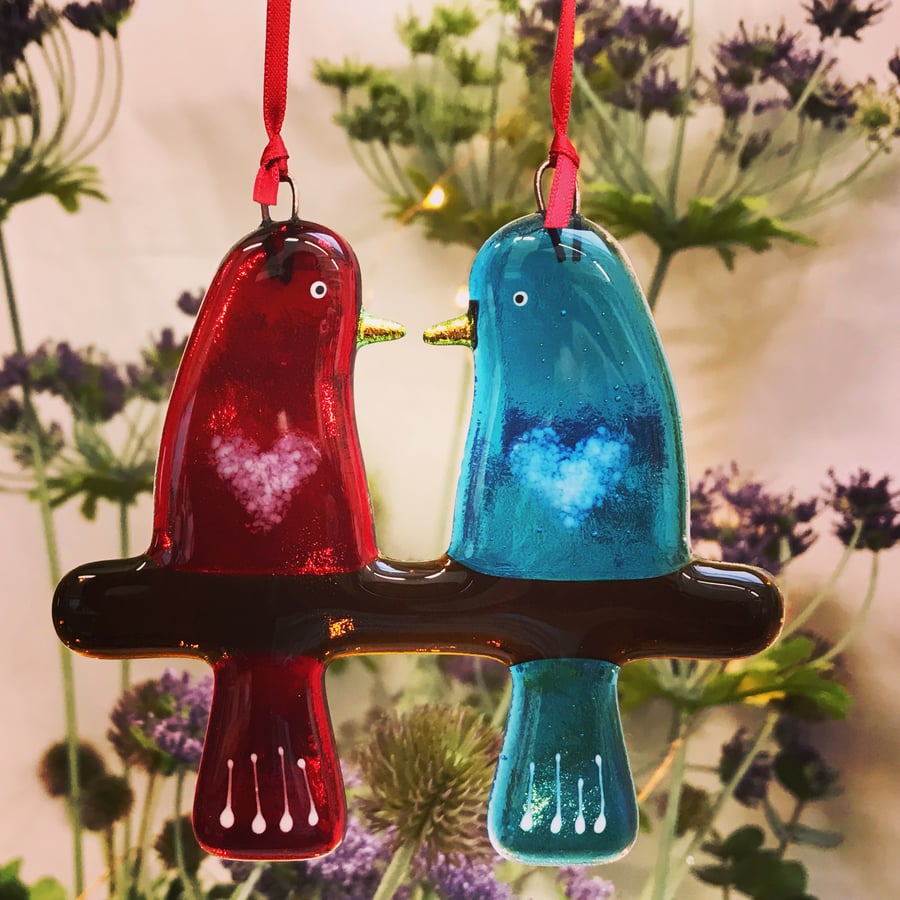 Fused glass Love Birds - Red & Blue