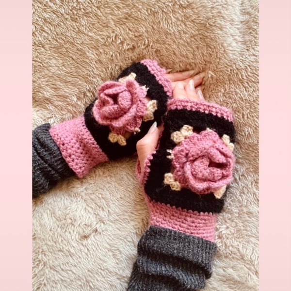 3D rose crocheted hand warmers