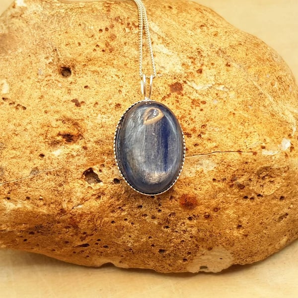 Blue Kyanite pendant necklace. 925 sterling silver. 18x13mm stone.