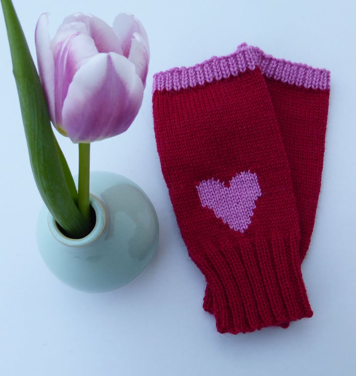 Red Heart Knitted Wool Fingerless Gloves