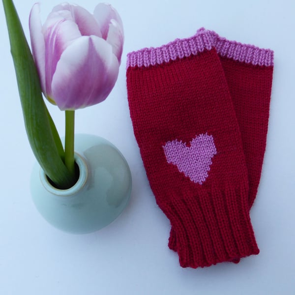 Red Heart Knitted Wool Fingerless Gloves