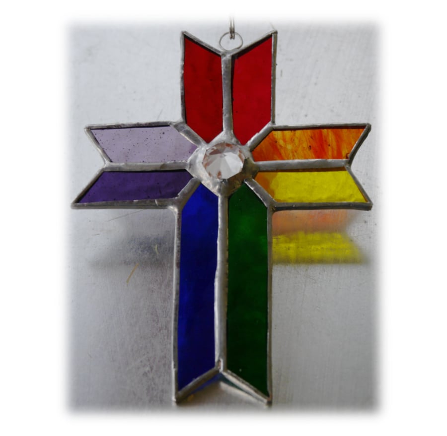 Cross Suncatcher Stained Glass Handmade Rainbow Crystal 036
