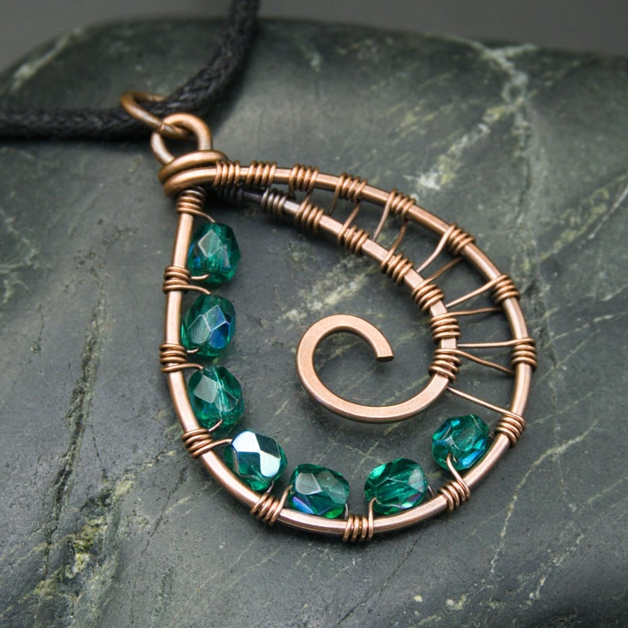 Copper Wire Weave Spiral Drop Pendant with Faceted Teal Beads